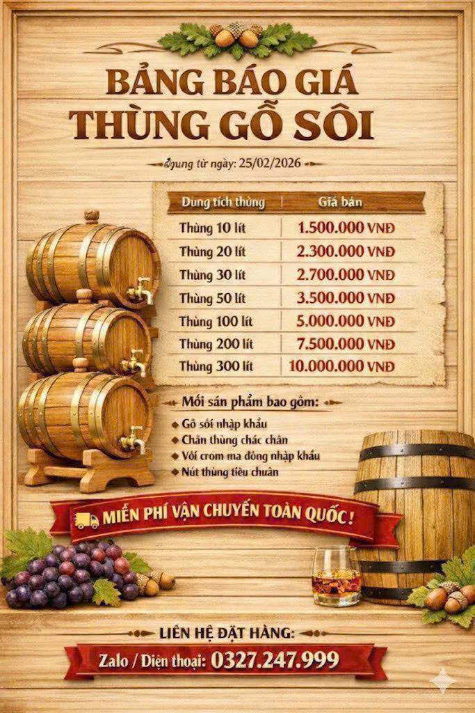 Bảng giá thùng gỗ sồi 10L đến 300L năm 2026 của Mạnh Hùng