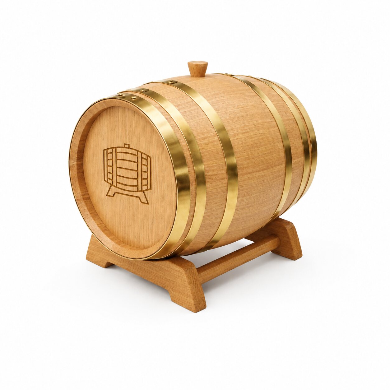 Thùng gỗ sồi 100L đai màu vàng trên chân đỡ gỗ
